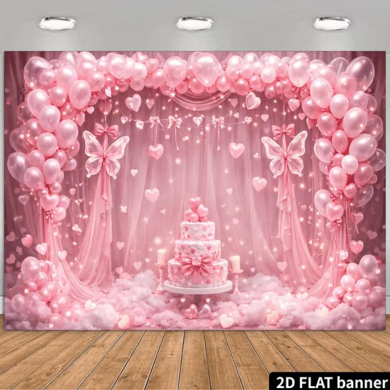 

2D Pink Butterfly Happy Birthday Backdrop Heart Balloon Photography Background for Party 47.2x31.5inch/120*80cm