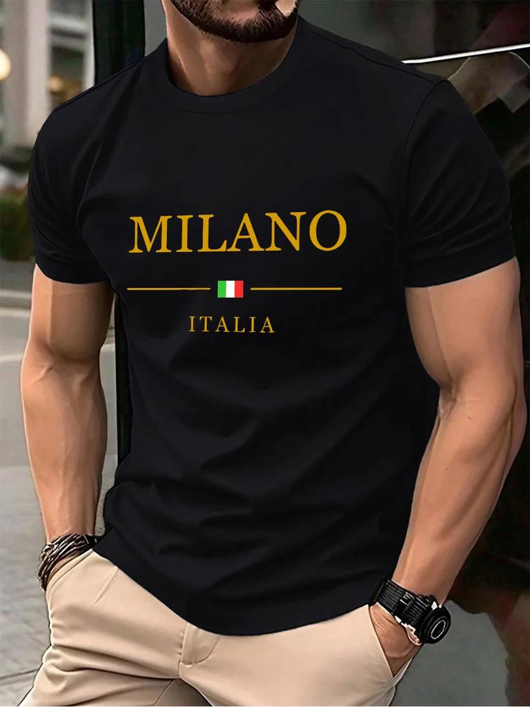 Milano Italien Letter Print Herren T-Shirts Baumwolle Sommer Oversized Rundhals Oberteile Kurzarm Weiches T-Shirt Lässige Herrenbekleidung