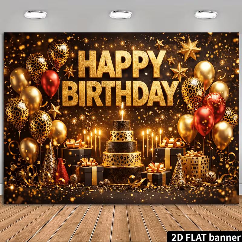 

2D Happy Birthday Background Banner Leopard Print Gold Party Decor 47.2x31.5inch/120*80cm