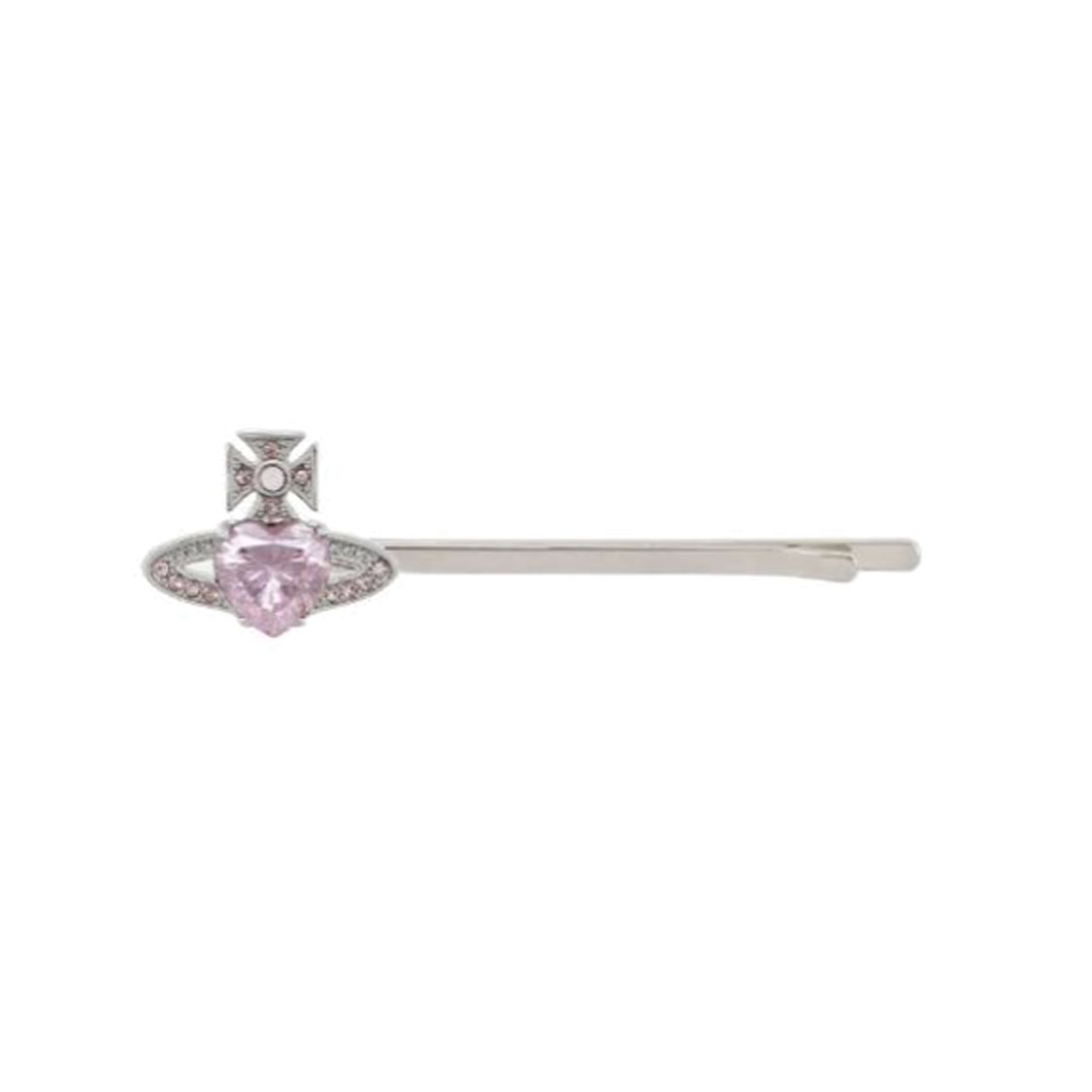 Vivienne Westwood Heart Crystal Saturn Logo Brass Hair Clip Unisex Hair Accessories Pink Silver 6703000P02P459 F,Pink/Silver