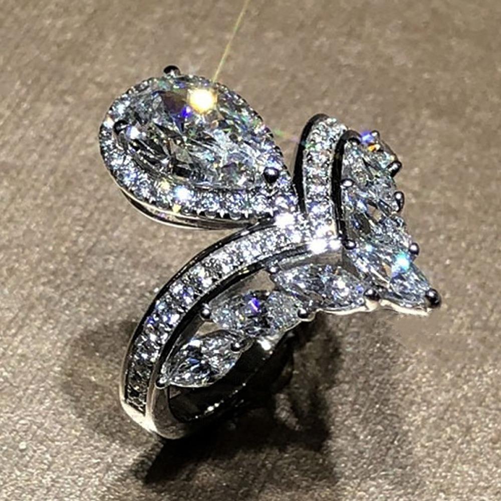 Temperament Luxury Geometric Crown Teardrop-shaped Crystal Zircon Rings for Women Bride Wedding Stainless Steel Charm Jewelry