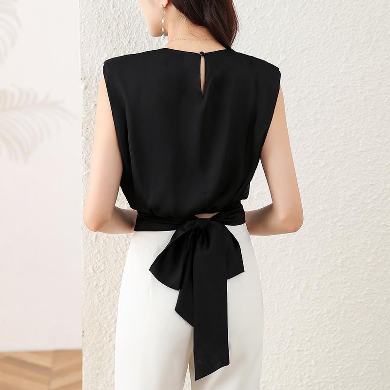 Dámské tričko s krátkým rukávem na léto Nové Popruhy a Pas Krátký Top Bez rukávů Saténová Košile