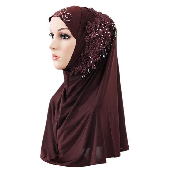 Women Solid Color Lace Rhinestone Muslim Hijab Wrap Islamic Scarf Cap Head Cover
