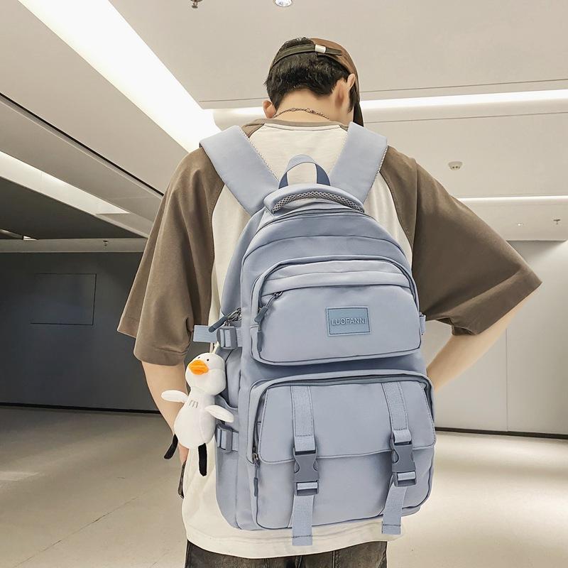Solid color multi-pocket schoolbag female Korean version high school college student backpack light color couple large capacity ins backpack
