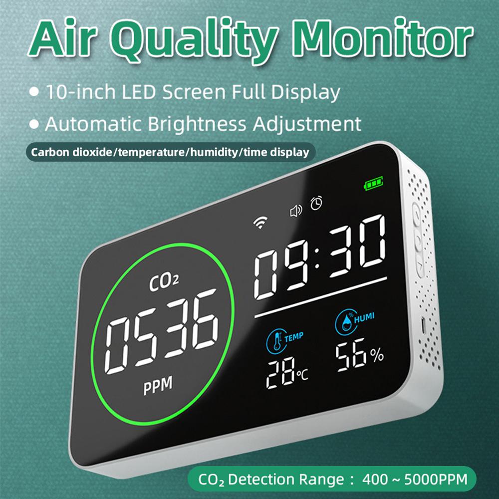 4 In 1 WiFi Air Quality Meter Carbon Dioxide Detector Agricultural Production CO2 Temperature Humidity Tester Time Alarm Clock with LED Screen Display