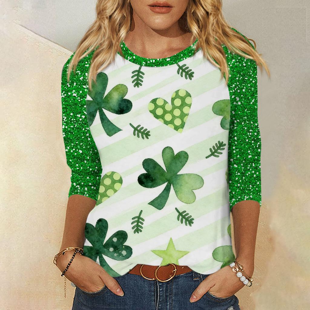 Frauen St. St. Patrick's Day Print Rundhals Dreiviertelarm Oberteil