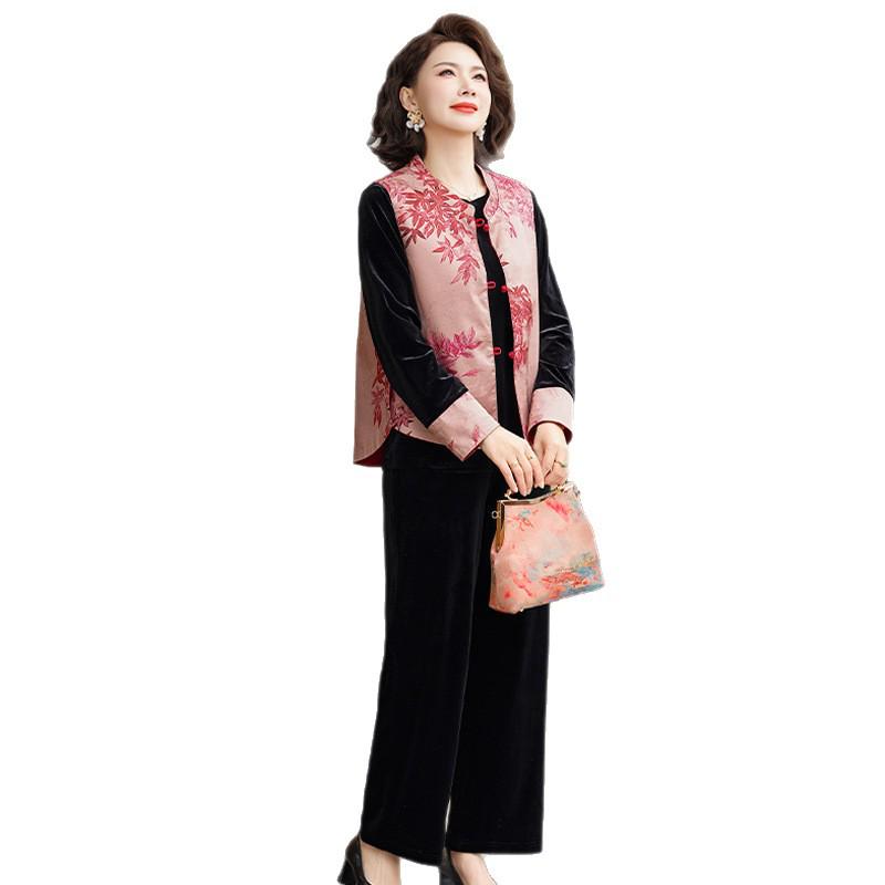 Reversible Gold Velvet Chinese National Style Vest Set for Middle-Aged & Elderly Women, Spring/Autumn