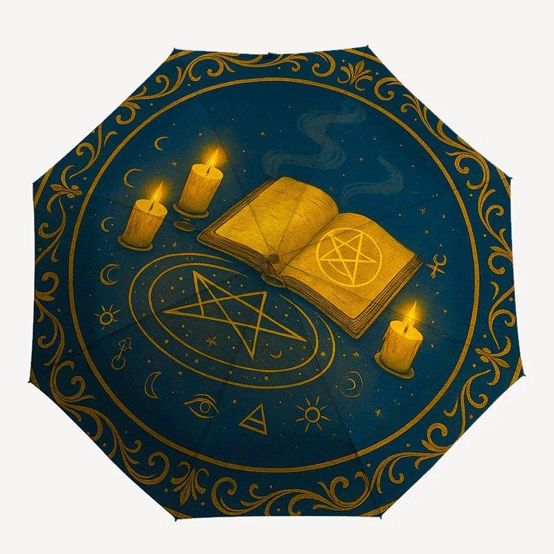 Enchanted Spellbook & Candle Altar Mat for Wicca Decor Umbrella, Portable 3-Fold Compact Umbrella for Men & Women R131