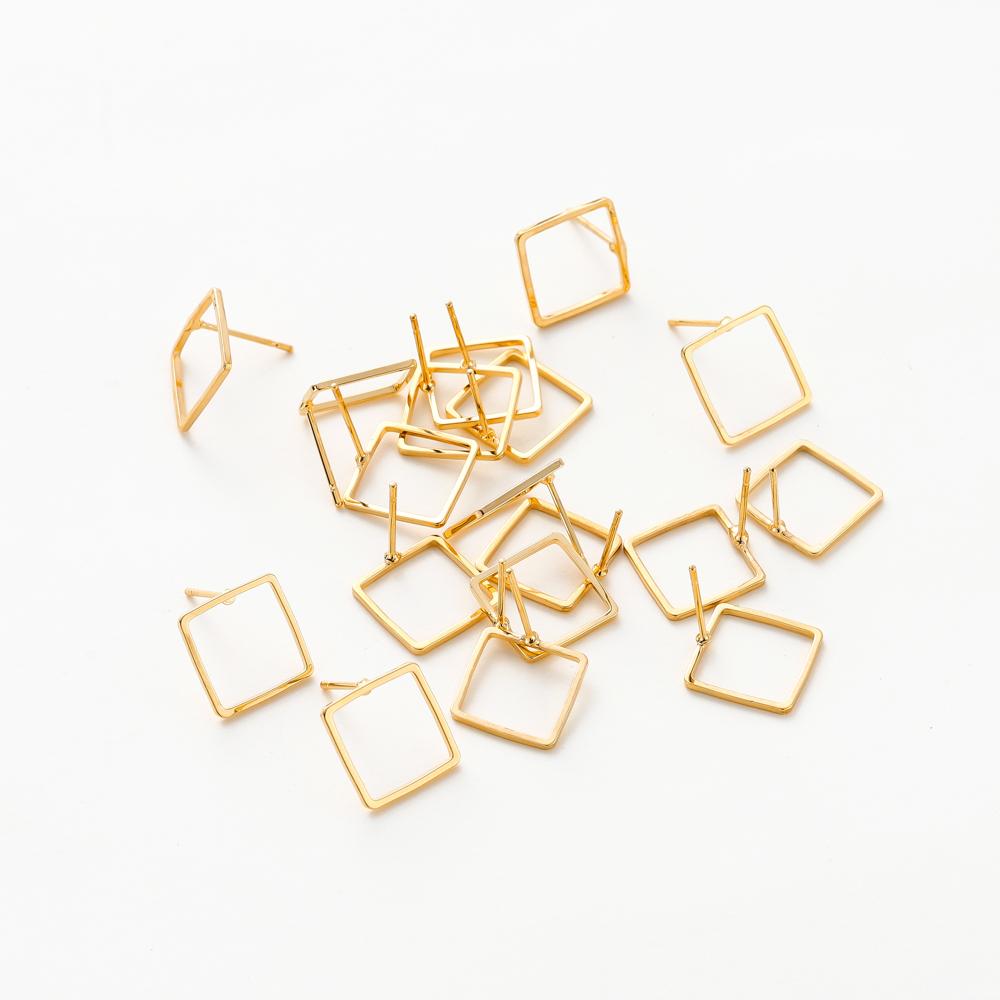 10PCS 14K 18K Gold Plated Brass Earring 12mm Square Hollow Shape Stud Earrings Hook For DIY Jewellery Making Supplies