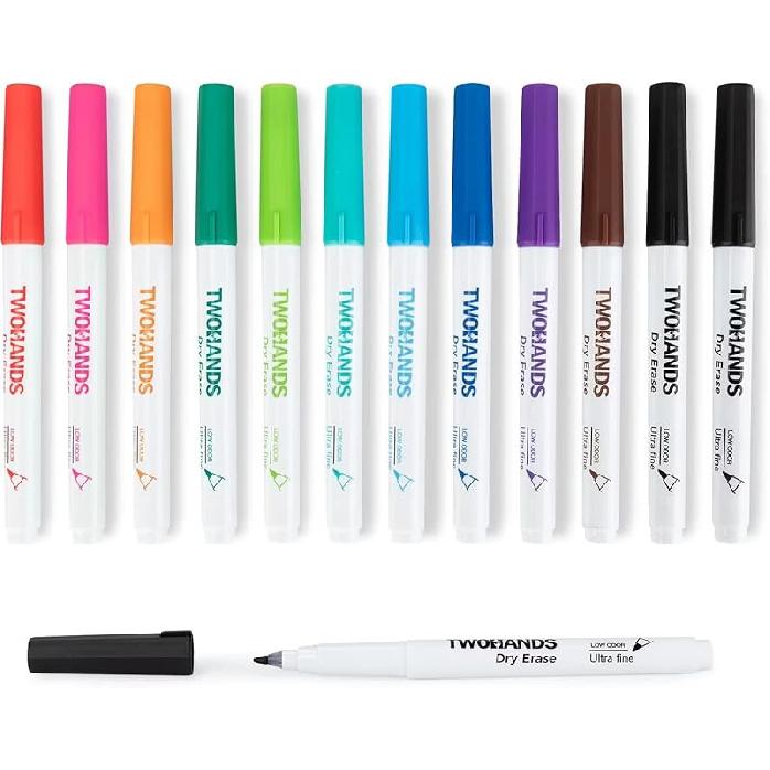 TWOHANDS Dry Erase Markers Ultra Fine Tip,0.7mm,Low Odor,Extra Fine Point,11 Assorted Colors,Whiteboard Markers for Office,Home,or Planning