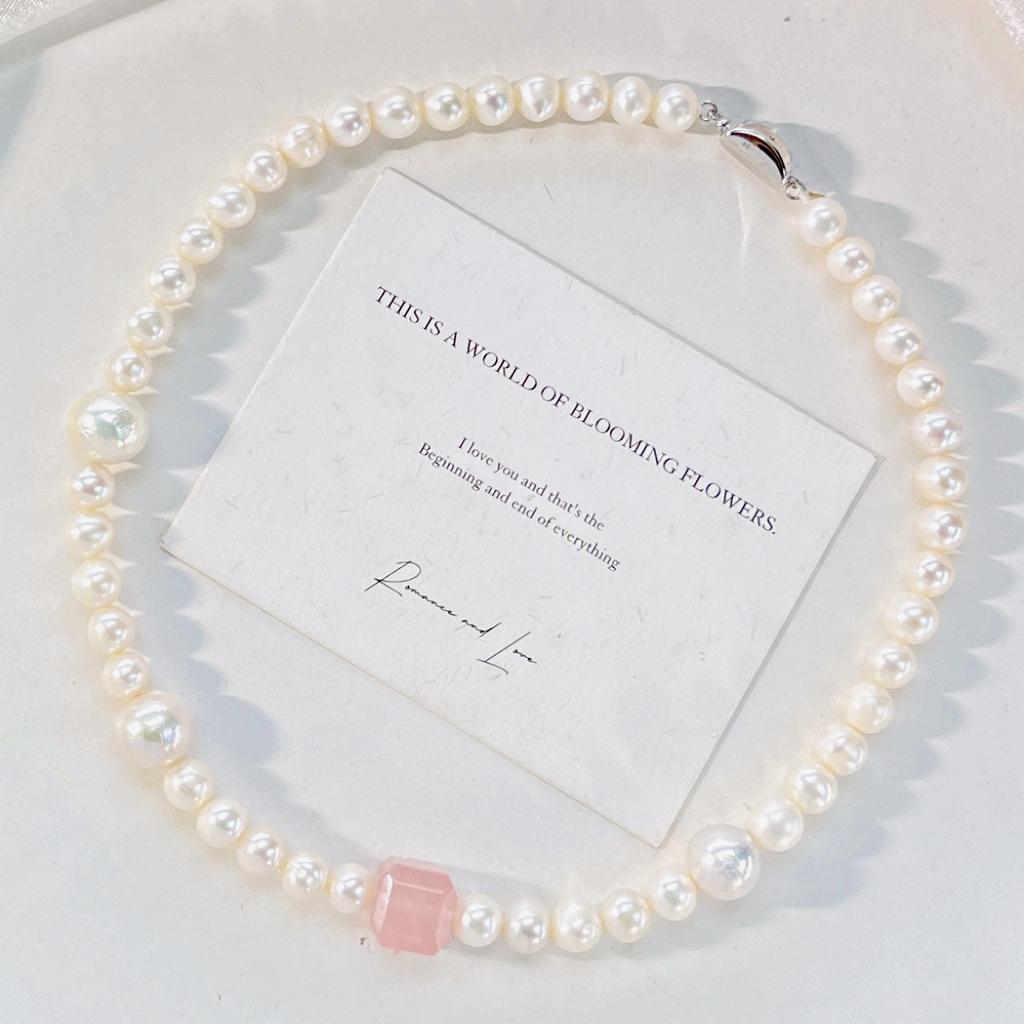 925 Silver Natural Freshwater Pearl Powder Crystal Design Necklace Clavicle Chain
