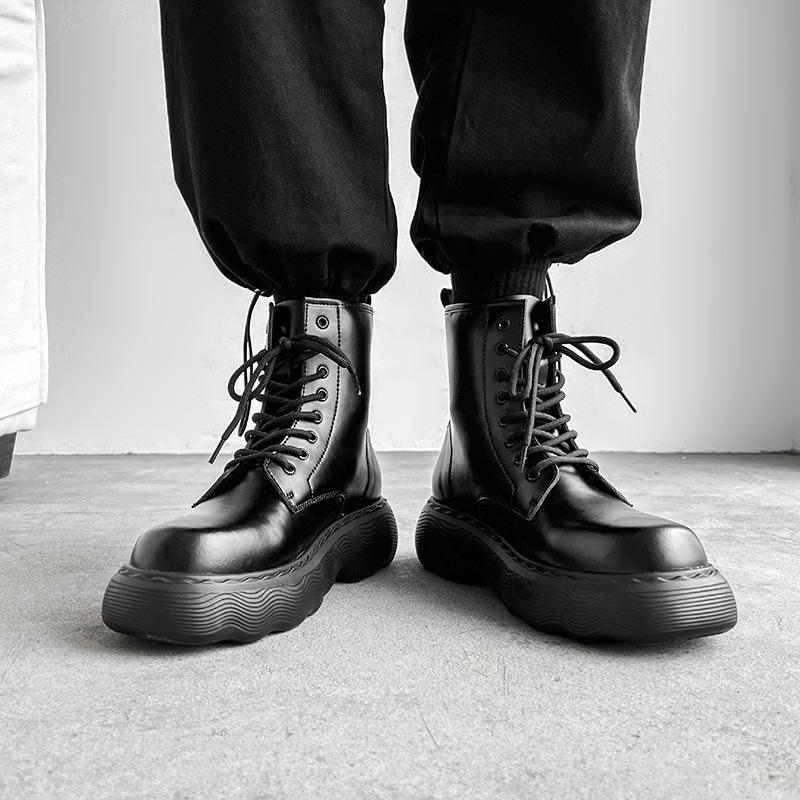 Fashion British style mens casual platform boots lace-up genuine leather shoes cowboy ankle boot black white handsome short botas hombre