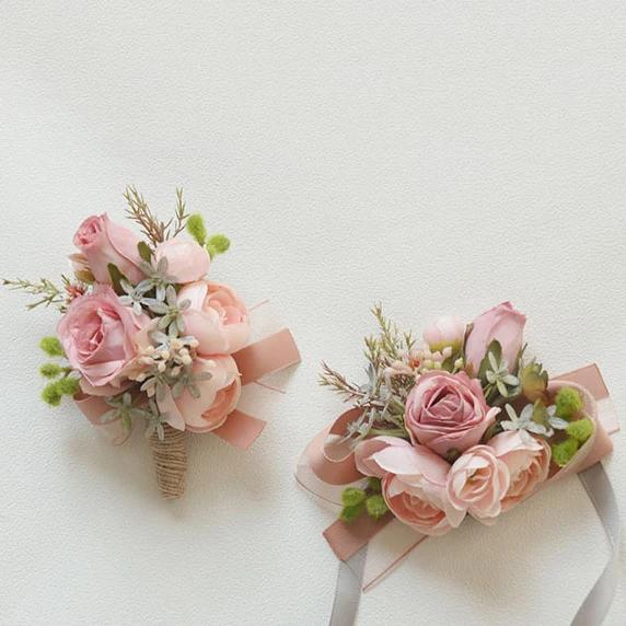 6pcs Pink Corsage Boutonniere Set for Bride Groom Bridesmaids Groomsmen Wedding Cerenony Homecoming Prom Suit Flowers