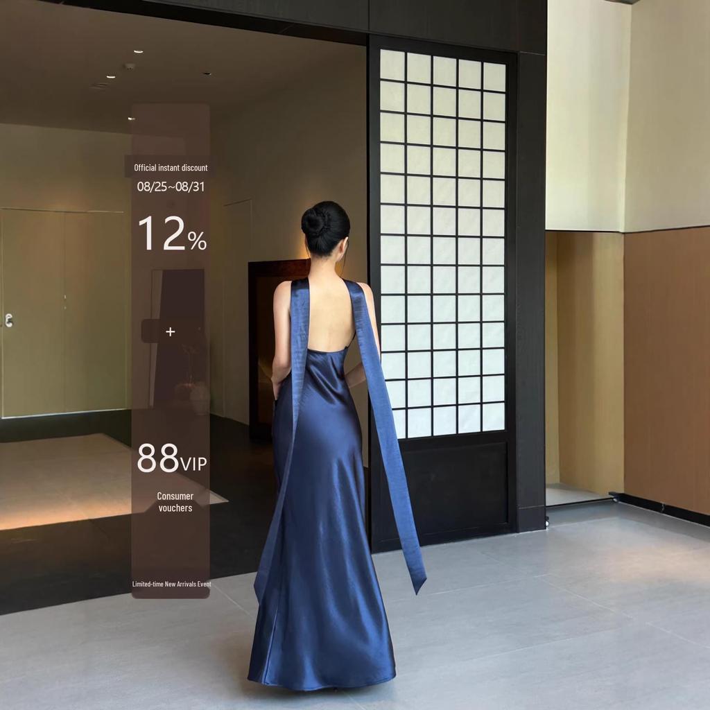 VENUIE French-Style Halter Neck Evening Gown - Women's Light Formal Party Dress