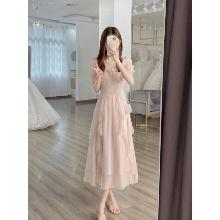 French square collar sweet gentle wind dress women's summer women's clothing waist thin ruffle edge long fairy skirt