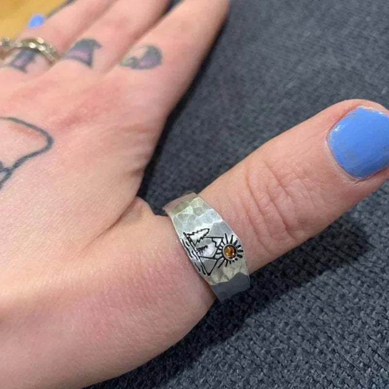 Vintage Ring Forest Mountain Sunset Nature Landscape Carved Ring for Women Men Open Adjustable Jewelry Fashion Ring