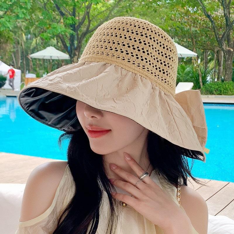 New Vinyl Bow Sun Hat Women's Hollow Straw Hat UV Protection Big Eaves Face Protection Sun Protection Hat Bucket Hat