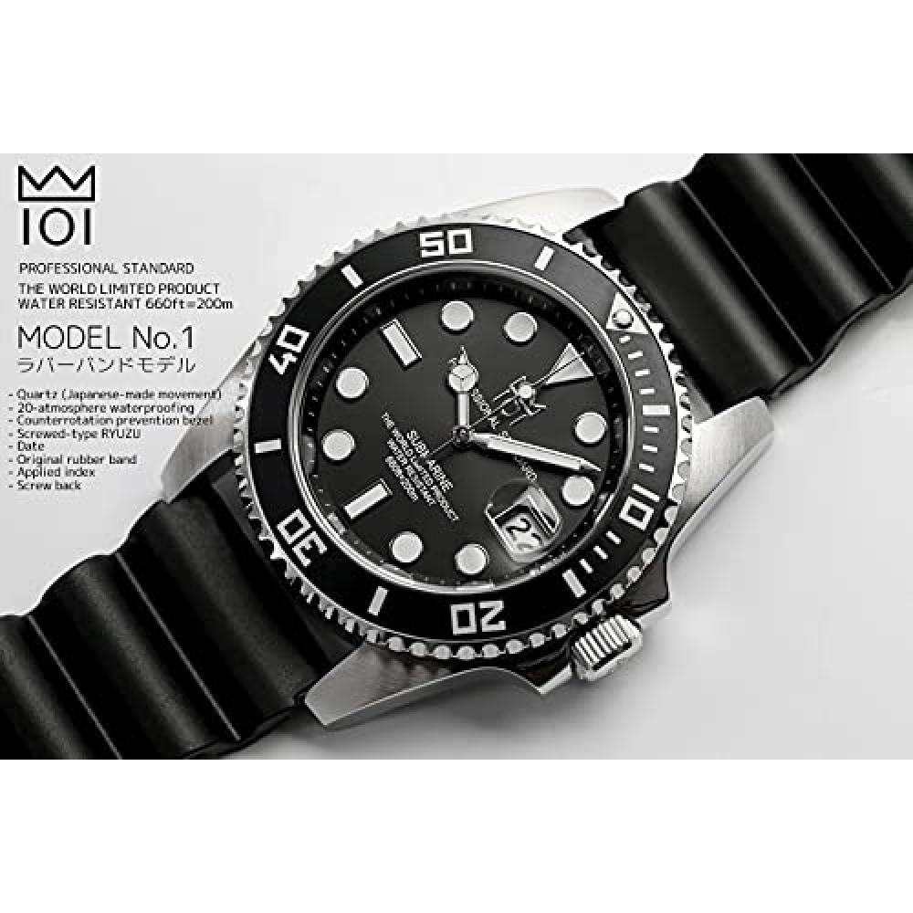 [HYAKUICHI 101] Diver's Watch Date Display 20 ATM Water Resistant Watch HYAKU1-001 (Silver Black Rubber)