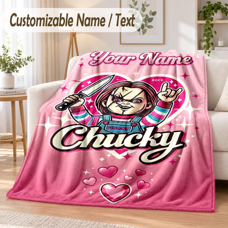 Child's Play Chucky Tiffany Custom Name Flannel Throw Blanket Soft Warm for Sofa Bed Indoor Home Use