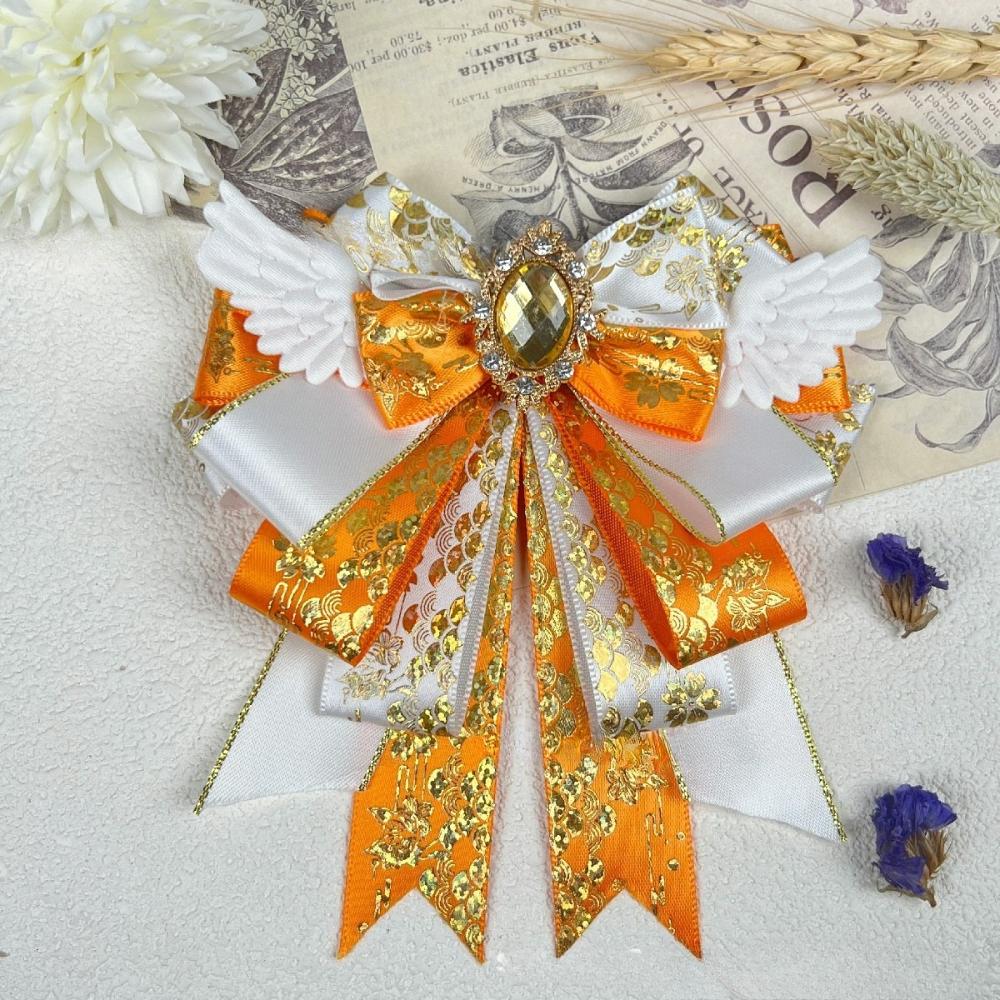 New Cosplay Lolita Fabric Bow Brooches for Women Handmade Jewelry Angel Wings Crystal Shirt Collar Pin Vintage Accessories