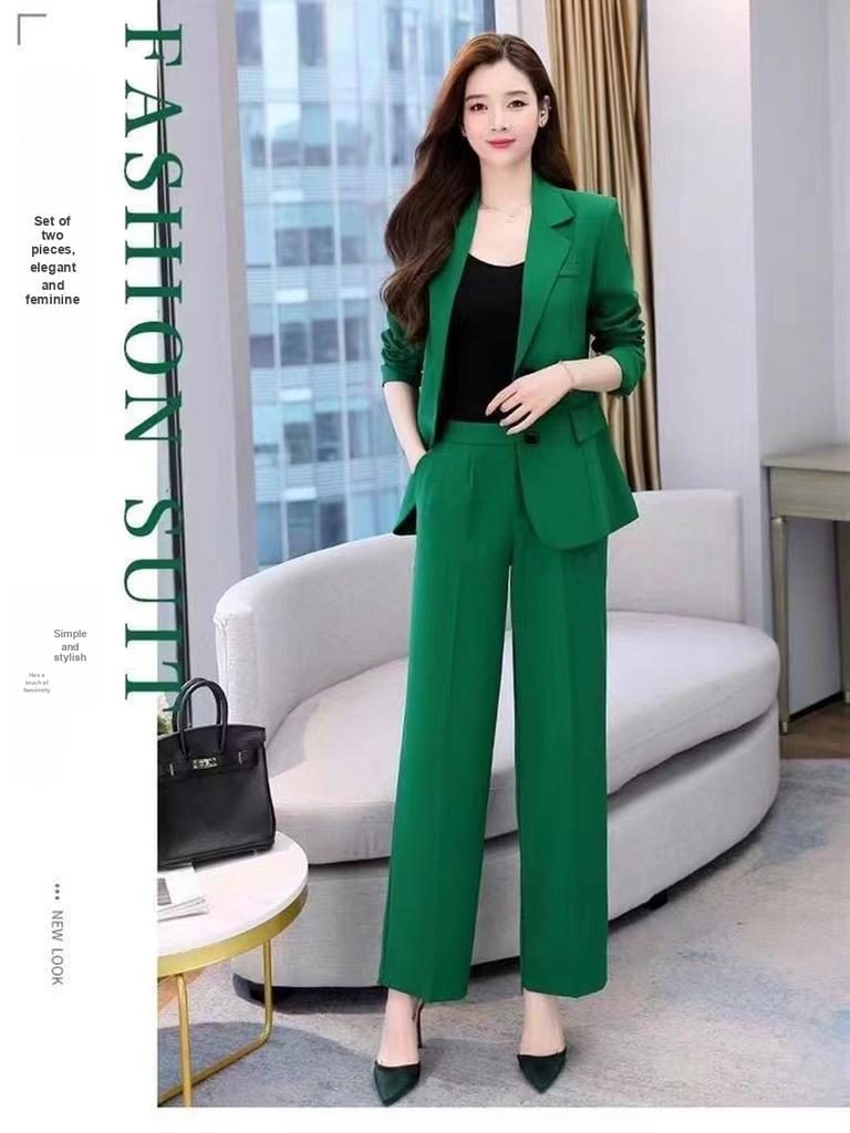 Frühling/Herbst Neuer Stil Set Business-Lady-Stil Schlank geschnitten Langarm-Blazer Weitbeinige Hose Damen Zweiteiliger Anzug
