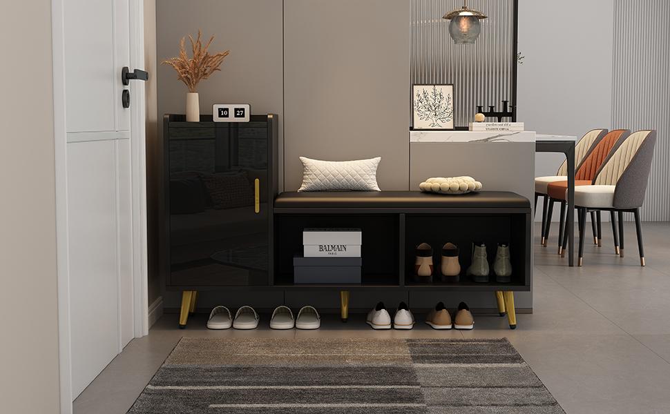 (=N625P235824B) Black High-Gloss Entrance Shoe Cabinet, Multi-Tier Shelf with Padded Seat, Shoe Changing Bench Gold Accessories for Entrance