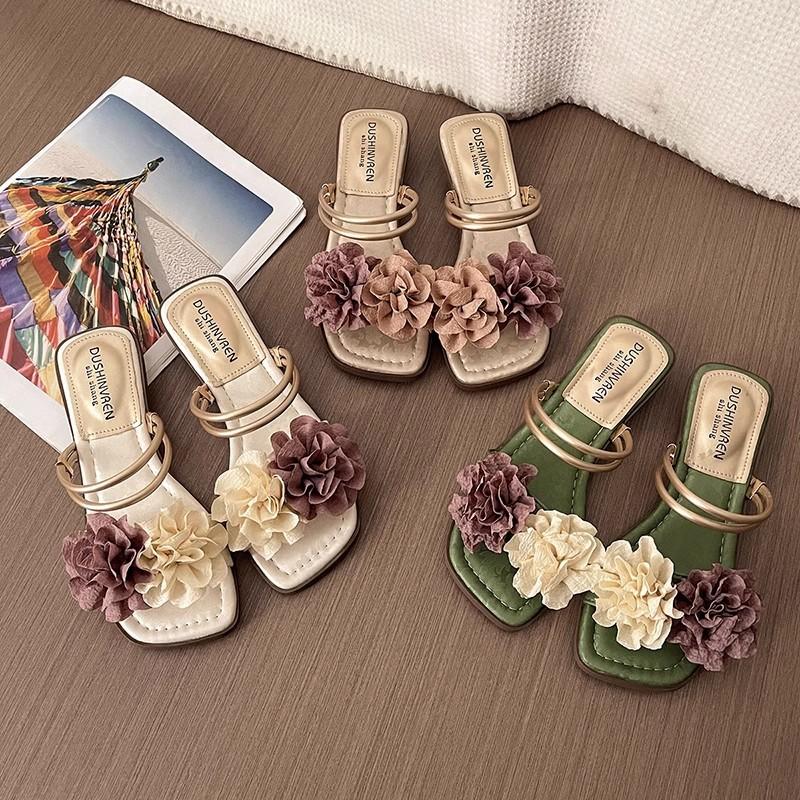 Retro flower with skirt women's outer wear summer new casual and comfortable one-word holiday slippers