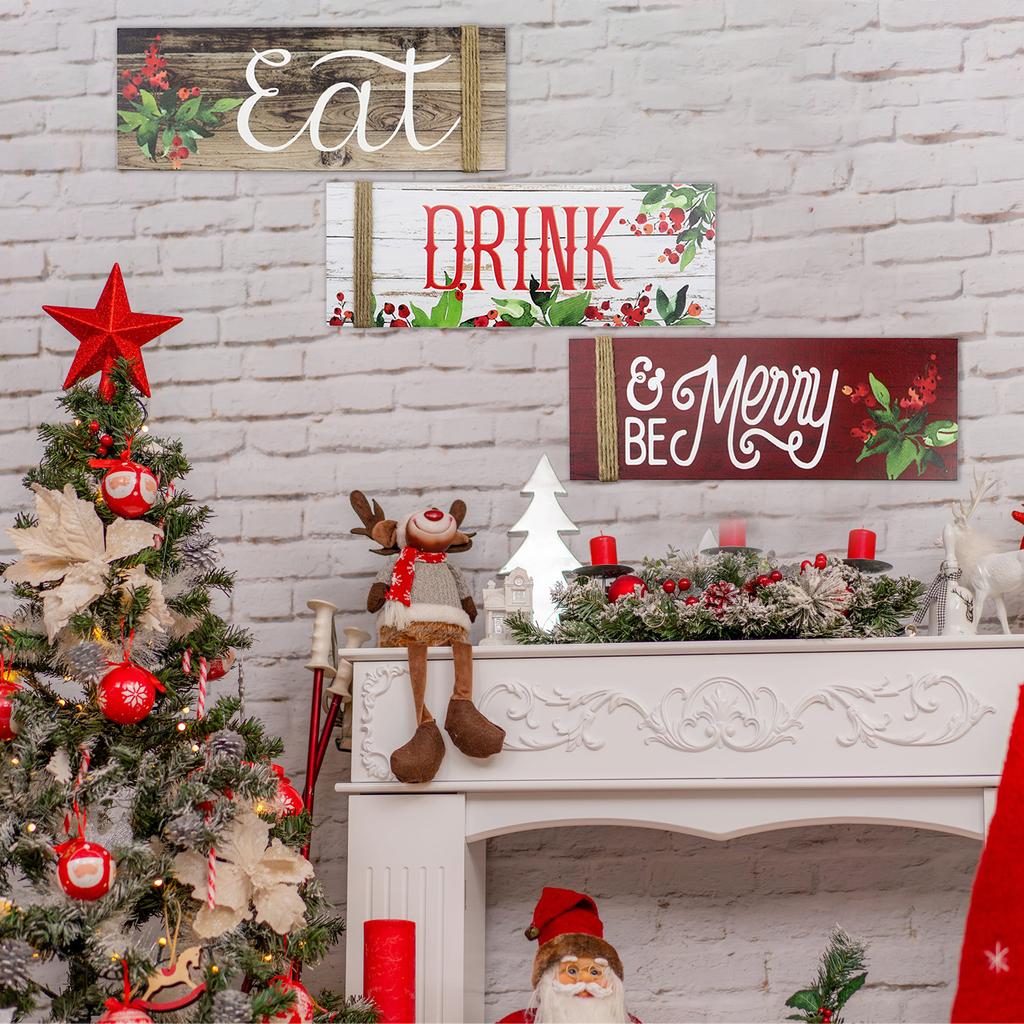 3PCS Christmas Wood Home Sign Be Merry & Eat & Drink Pattern Merry Christmas Front Door Sign for