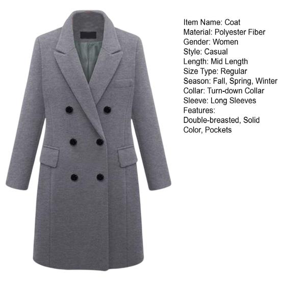 Women Winter Coat Double-breasted Turn-down Collar Long Sleeves Outerwear Thick Warm Pockets Solid Color Office Casual Party Overcoat