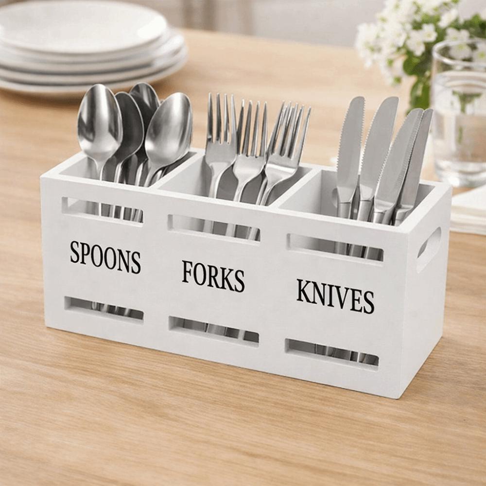 3 Compartment Wooden Rustic Cutlery Rack With Hollow Handles Rectangular Kitchen Utensil Holder Vintage Fork Spoon Organizer