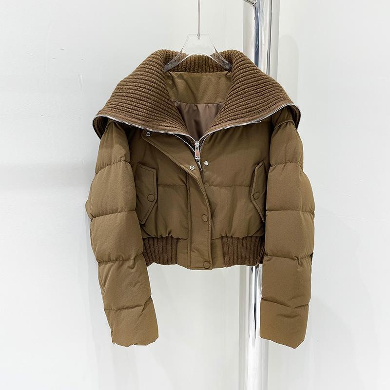New down jackets for women in autumn and winter, ultra-short foreign style, large lapel neck, knitted splicing, white duck down jacket thickened