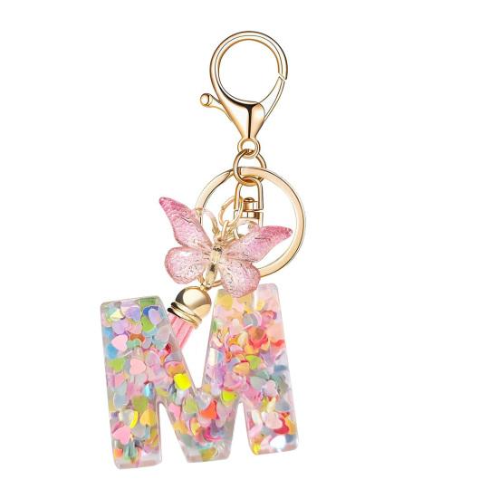 Yousheng Epoxy Resin English Alphabet Keychain Heart-Shaped Sequins Butterflies Tassel Alphabet Keyring Initial Lettering Key Chain Mug Accessory