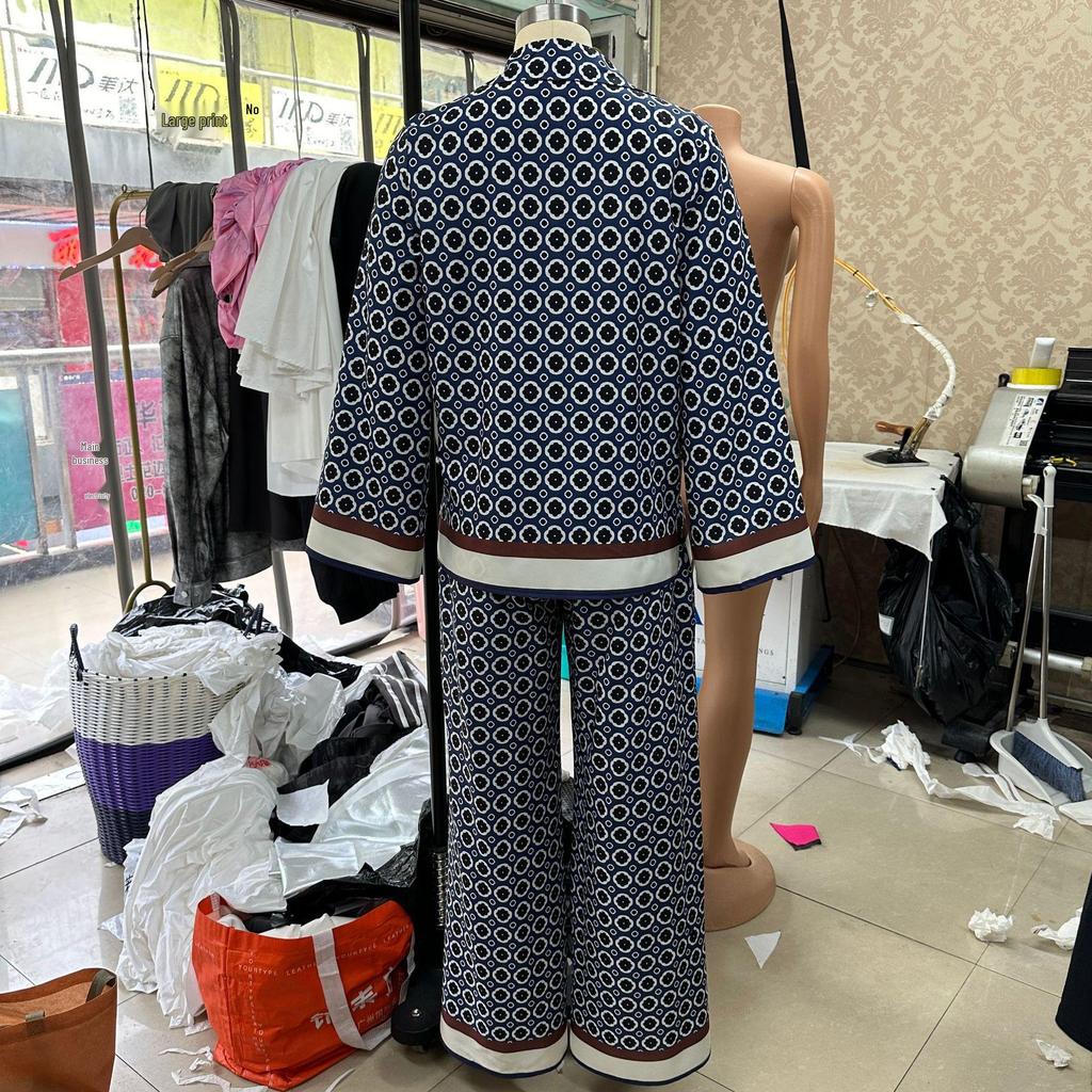 Women's Long Sleeve Shirt & High Waist Pants Two-Piece Set with Positioning Print