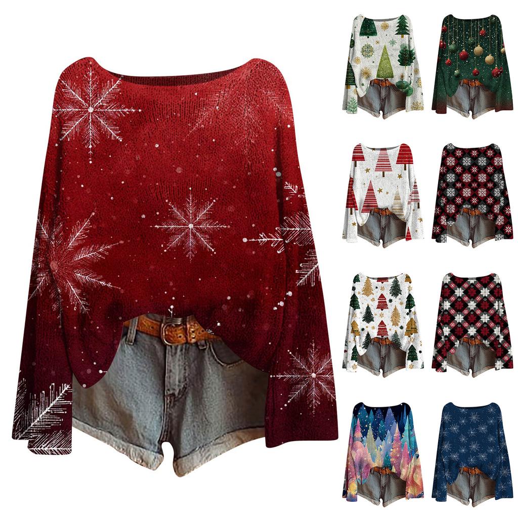 Women's Fashion Christmas Print Lightweight Sweater Casual Long-Sleeve Knit Pullover Top