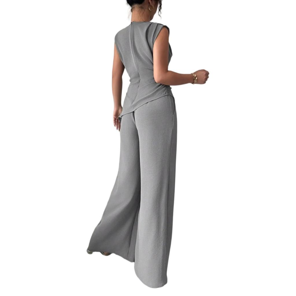 Women's 2-Piece Fashionable Casual Sleeveless Asymmetric Top And Wide-Leg Pants Set