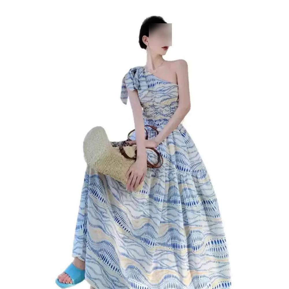 Thailand Travel Photo Slanted Shoulder Dress Niche Temperament Waist Skirt Sanya Vacation Beach Dress