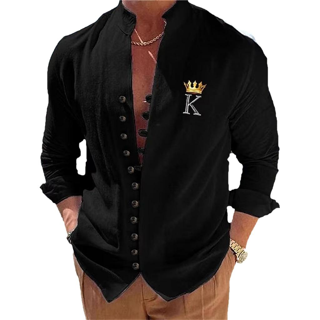 Camicia classica da uomo a maniche lunghe con colletto alla coreana, vestibilità casual, alla moda giovanile, da uomo