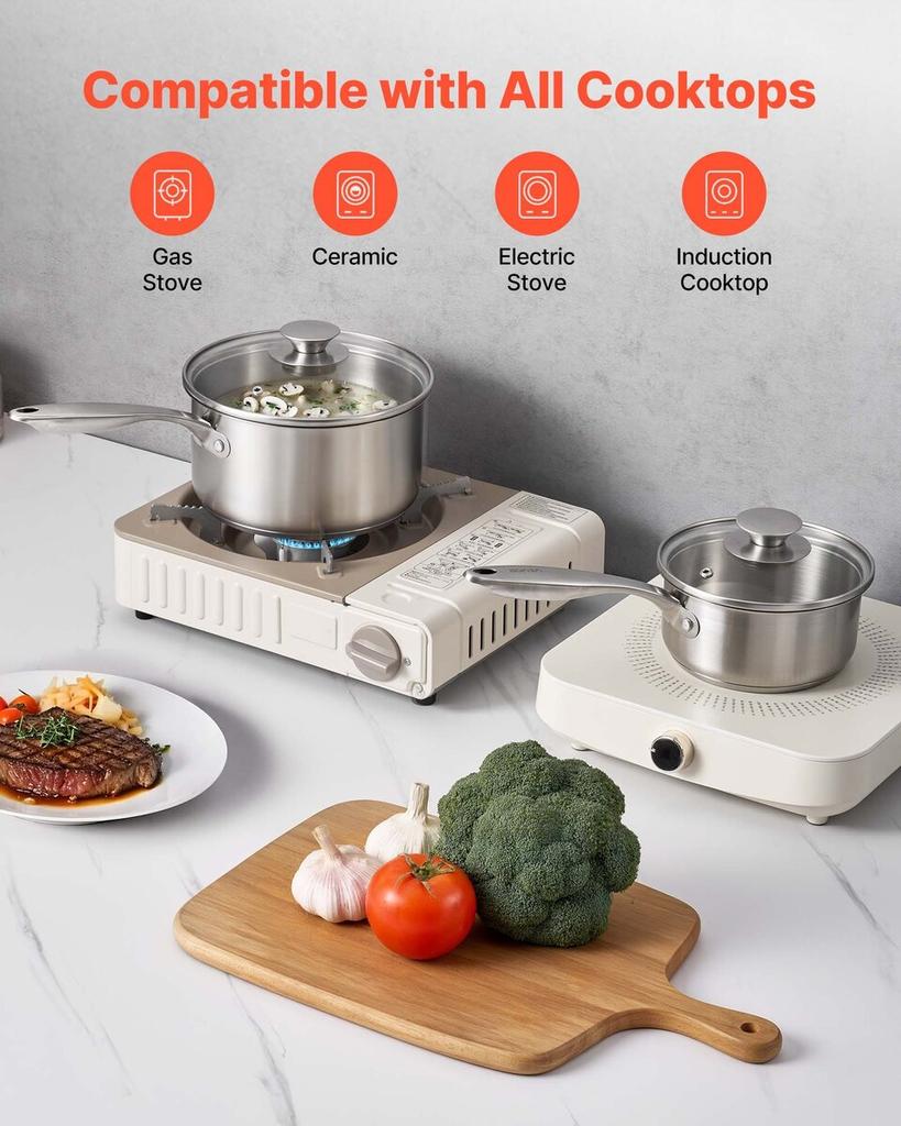 Stainless Steel Saucepan Set, 1 QT & 2 QT & 3 QT Saucepans with Glass Lids, Multipurpose Nonstick Stainless Steel Sauce Pot with Ergonomic Handle,