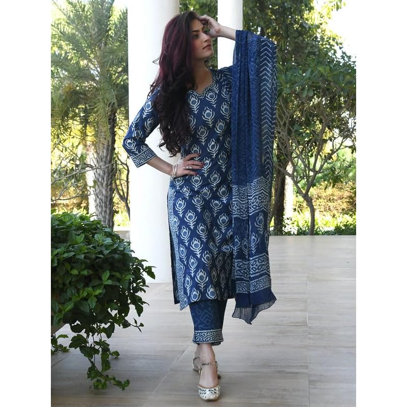 Pinkmint Indigo Printed Kurta Set for Women ll Kurta Pant & Dupatta Suit Set L