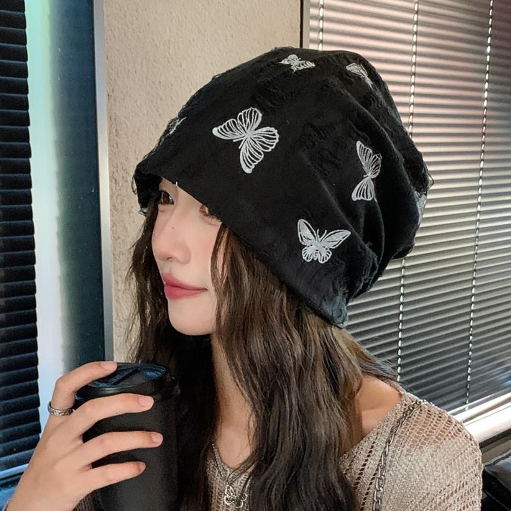 Coldproof Fleece Beanies Holes Plush Pullover Hat Fashion Butterfly Print Beanies Female