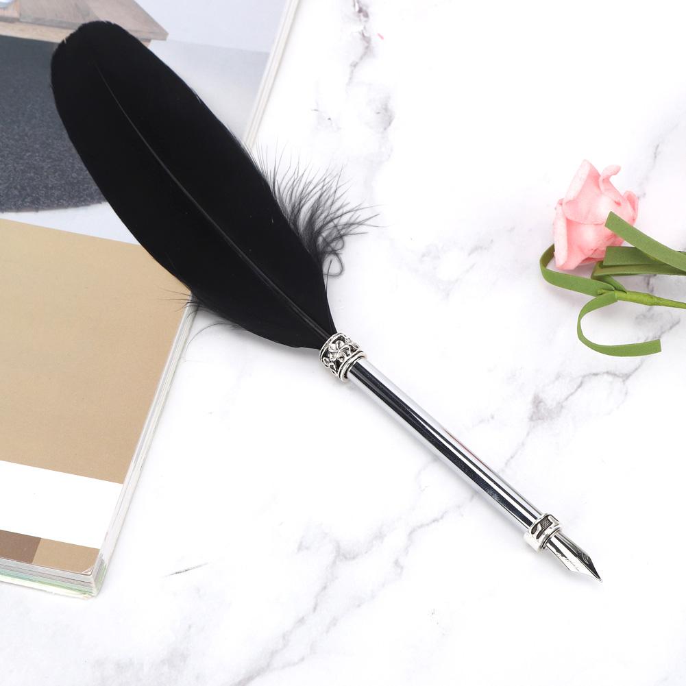 Stainless Steel Black Feather Dip Pen Vintage Fountain Pen for Business Office Birthday Gifts
