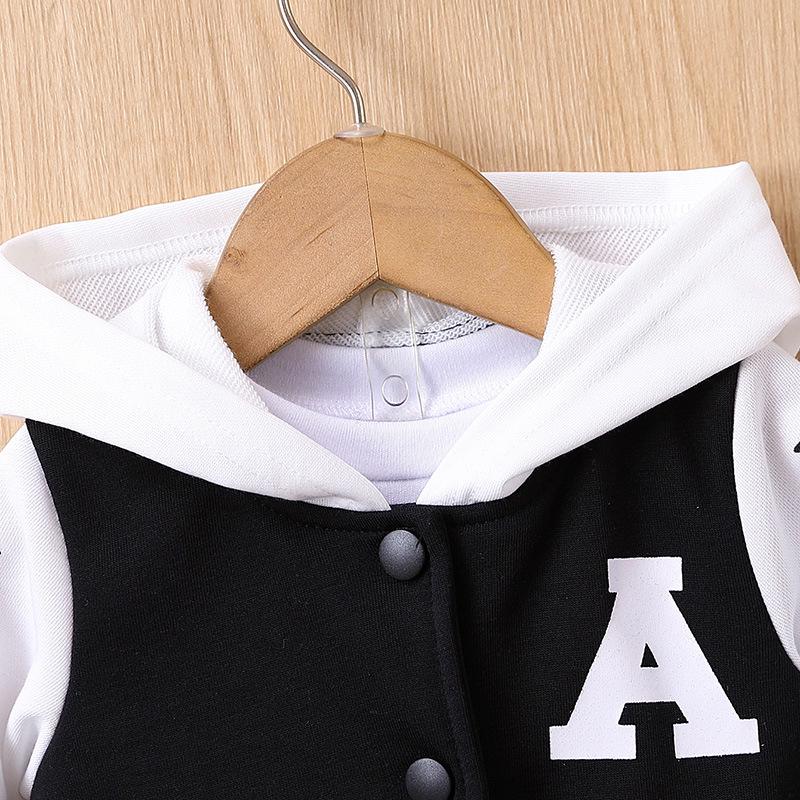 Boys' Hooded Black & White Letter Print Suit for Autumn & Winter