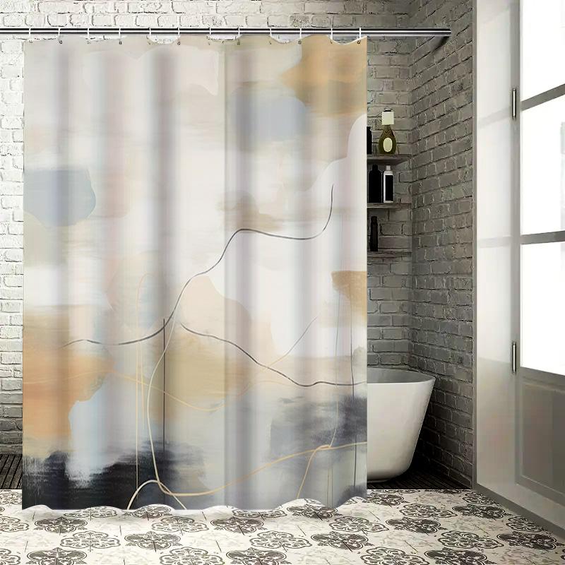 

Modern Abstract Watercolor Bath Shower Curtain Decorative Bathroom Liner White Beige Black Gray Gold Lines Print Waterproof Poly W60H190(CM)-1 Pcs