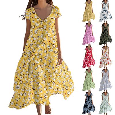 Women's Summer Fashion V-Neck Beach Long Short Sleeve Floral Printed Dresses