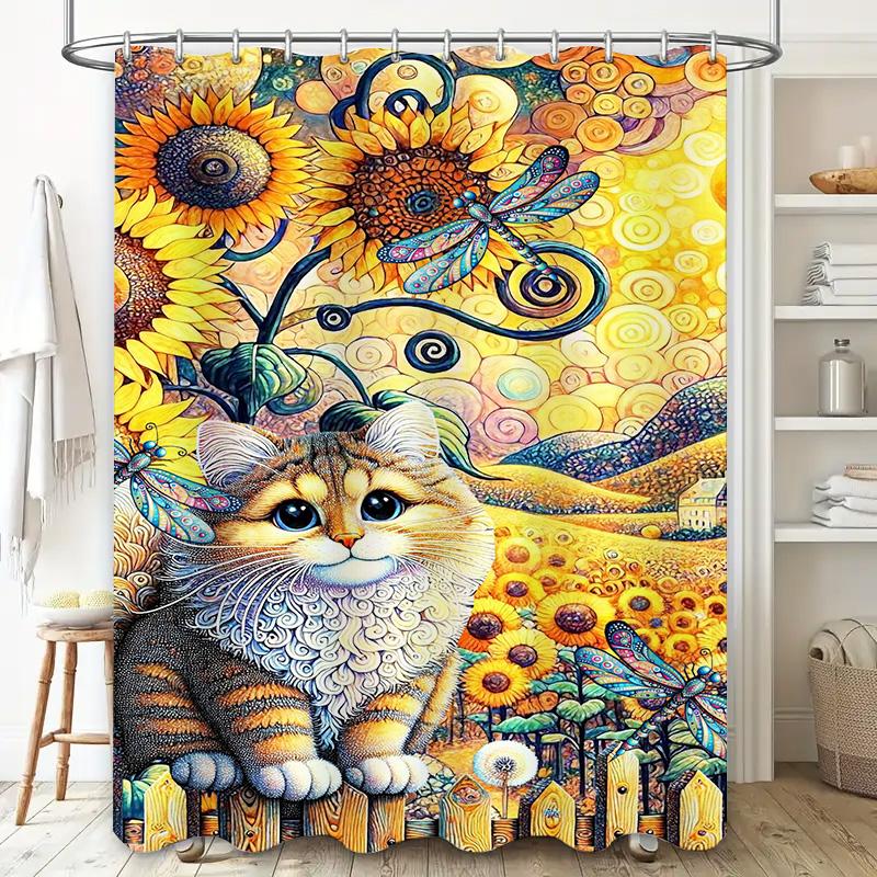 Colorful Sunflowers Cat Print Shower Curtain for Bathroom Decoration 3D High-Definition Printed Waterproof Fabric Available in V