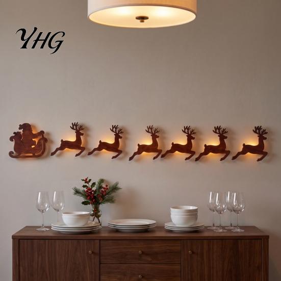 Layered Wooden Christmas Landscape 7Pcs Silhouette Lights with Warm Backlight, LED Reindeer 3D for Home Santa Sleigh Wall Decoration, Seasonal