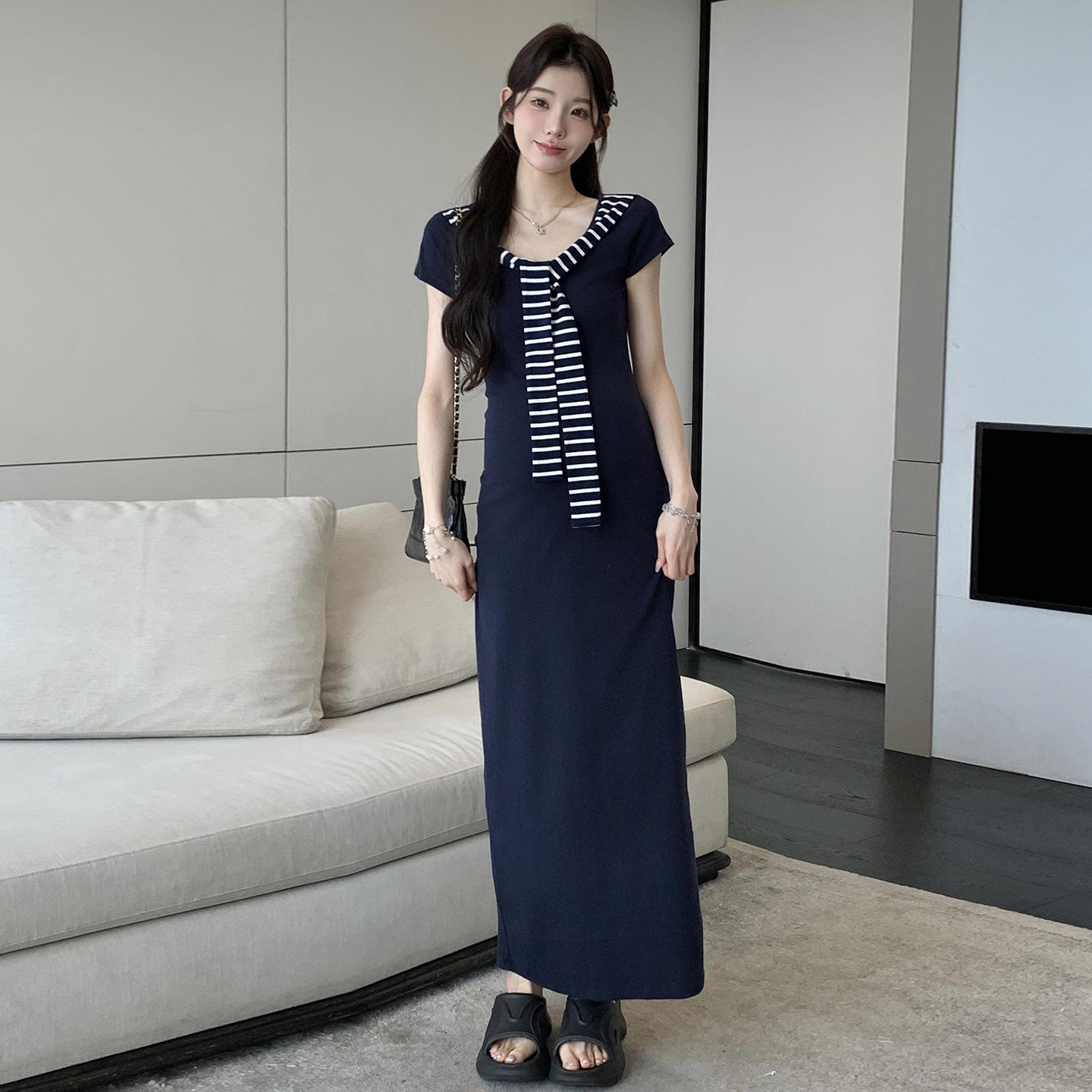 2026 Summer Korean Style Striped Knit Shawl Dress Set M