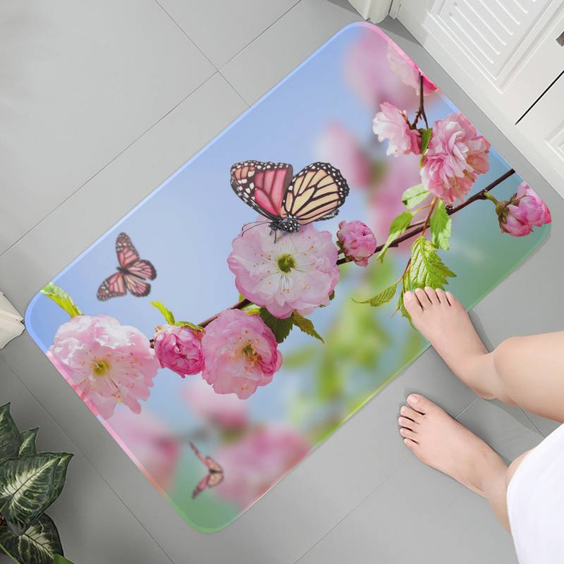 Green Butterfly Art Mat Printed Flannel Floor Mat Bathroom Decor Carpet Non-Slip For Living Room Kitchen Welcome Doormat Carpet