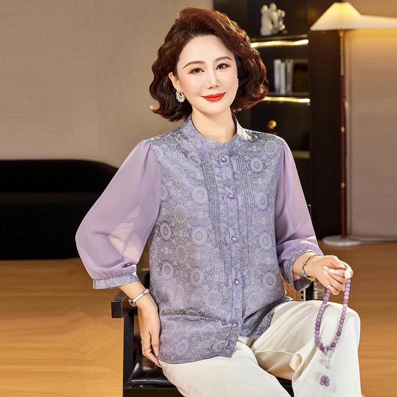 Elegant Chinese-Style Summer T-shirt for Young Mothers and Elderly Women XL (90-105 lbs)