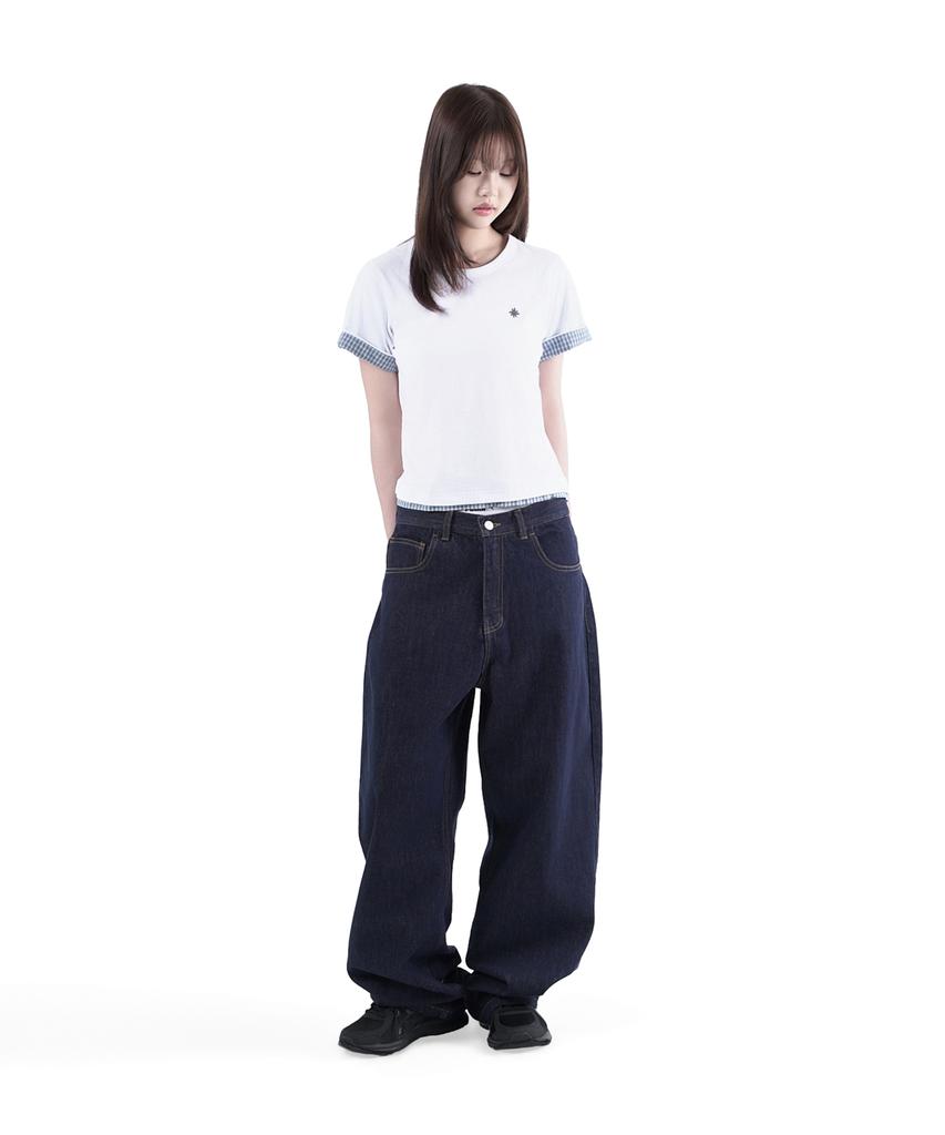 SLOW RECORD HOUSE Layered Check Roll-Up T-Shirt_White